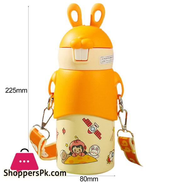 Kid Water Bottle Steel Thermal Cup with Straw Leak Proof Easy to Carry High Capacity Bunny Pattern Vacuum Bottle for School 450ml - 16oz