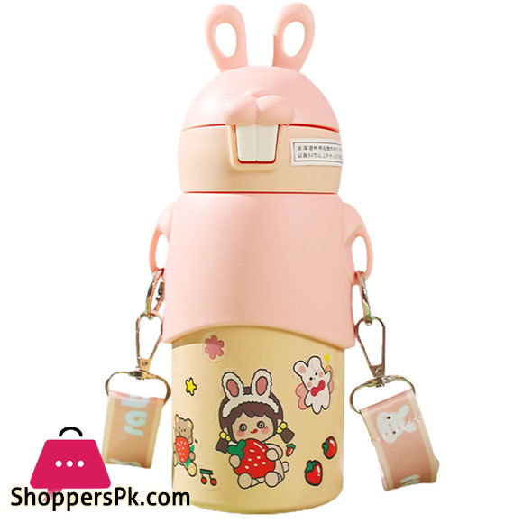 Kid Water Bottle Steel Thermal Cup with Straw Leak Proof Easy to Carry High Capacity Bunny Pattern Vacuum Bottle for School 450ml - 16oz