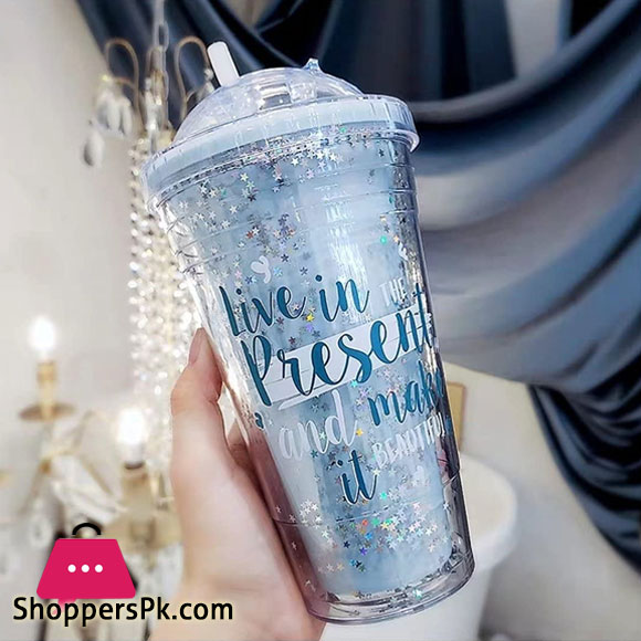 SQUICKLE Starry Sipper Bottle for Kids Sipper Glass Tumbler Bottle with Straw Star Glitter Sipper Bottle Attach lid With Straw Shipper Bottle-Pack Of -1 Multi color