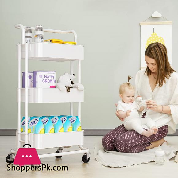 12:12 Sale 3-Tier Metal Storage Rolling Cart with Utility Handle Kitchen Carts On Wheels 360-Degree Rotation Trolley Cart Shelving Unit for Garage Kitchen Bathroom Bedroom Office