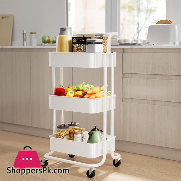 12:12 Sale 3-Tier Metal Storage Rolling Cart with Utility Handle Kitchen Carts On Wheels 360-Degree Rotation Trolley Cart Shelving Unit for Garage Kitchen Bathroom Bedroom Office