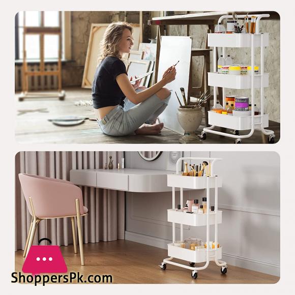 12:12 Sale 3-Tier Metal Storage Rolling Cart with Utility Handle Kitchen Carts On Wheels 360-Degree Rotation Trolley Cart Shelving Unit for Garage Kitchen Bathroom Bedroom Office