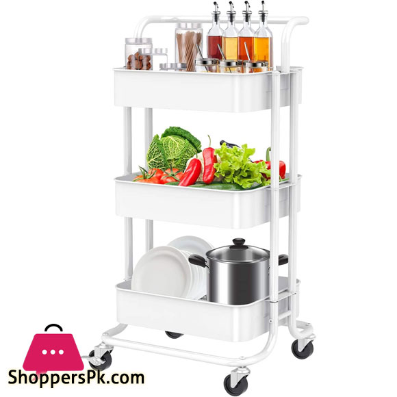 12:12 Sale 3-Tier Metal Storage Rolling Cart with Utility Handle Kitchen Carts On Wheels 360-Degree Rotation Trolley Cart Shelving Unit for Garage Kitchen Bathroom Bedroom Office