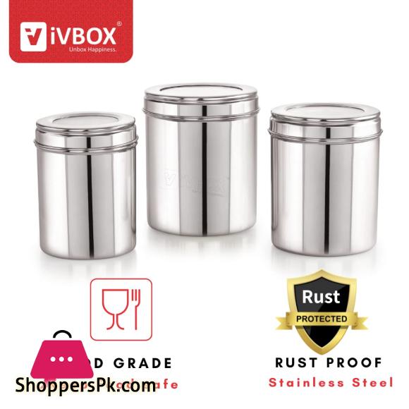 3Pcs Stainless Steel Deep Dabba Container Storage Box With Transparent Top See Through Lid