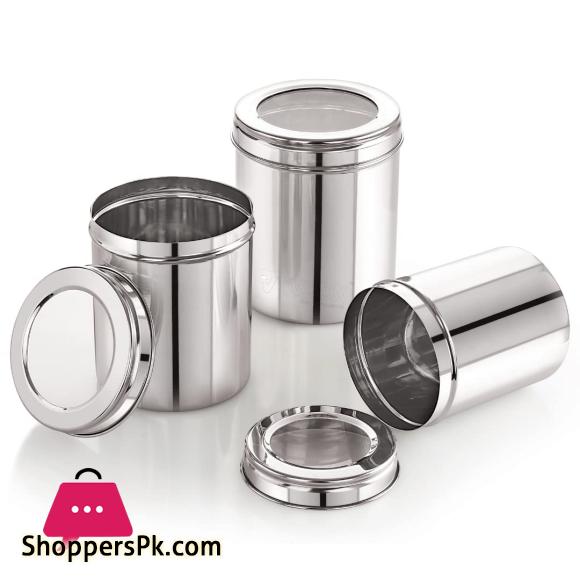 3Pcs Stainless Steel Deep Dabba Container Storage Box With Transparent Top See Through Lid