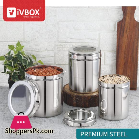 3Pcs Stainless Steel Deep Dabba Container Storage Box With Transparent Top See Through Lid
