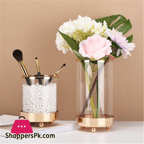 Glass Flower Vase Nordic Hydroponic Flower Bottle Cosmetic Brush Storage Bucket Large 10 x 3 Inch