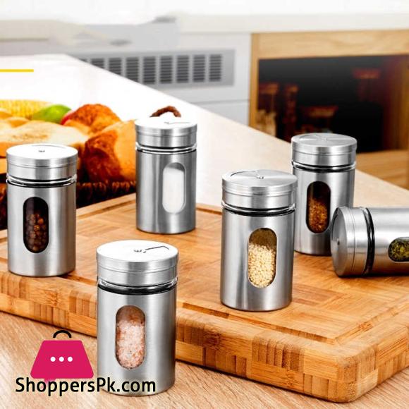 Stainless Steel Seasoning Storage Box Rotatable Adjustable Glass Condiment Bottle Pepper Spice Shaker Pack of 6