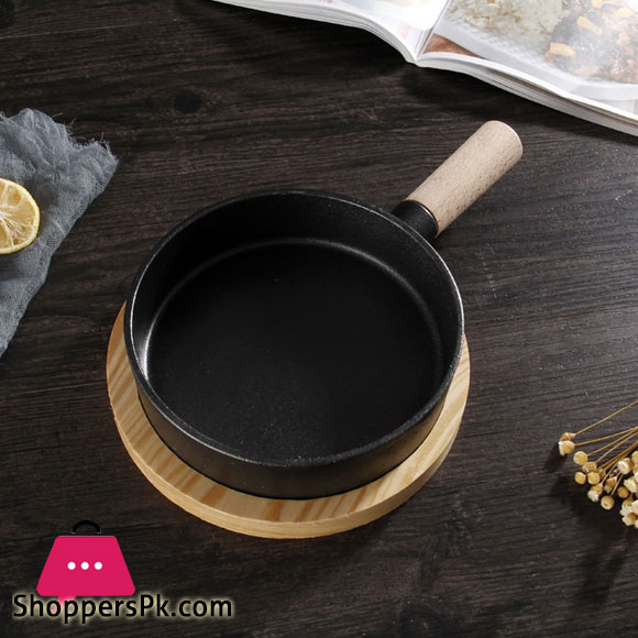 Cast Iron Round Iron Pan For Roast With Wooden Handle And Wood Base Cooking Pot Cast Iron Tableware Serving Plate Steak Tray 1-Pc - 20CM