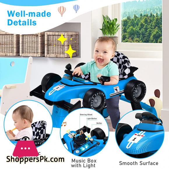 4-in-1 Baby Walker Foldable Activity Walker with Adjustable Height & Speed Music Lights Steering Wheel Comfy Seat Cushion Activity Baby Push Walker for Boys Girls Aged 6–18 Months