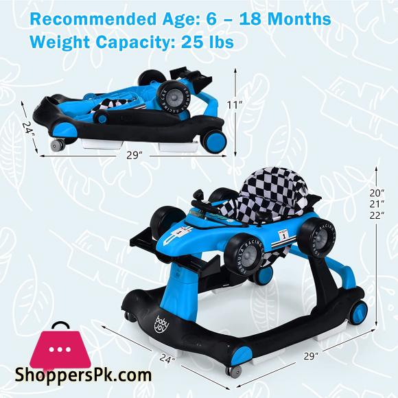 4-in-1 Baby Walker Foldable Activity Walker with Adjustable Height & Speed Music Lights Steering Wheel Comfy Seat Cushion Activity Baby Push Walker for Boys Girls Aged 6–18 Months