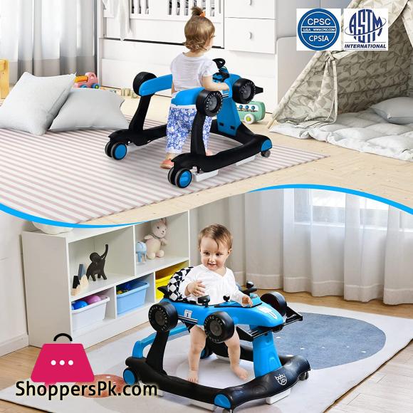 4-in-1 Baby Walker Foldable Activity Walker with Adjustable Height & Speed Music Lights Steering Wheel Comfy Seat Cushion Activity Baby Push Walker for Boys Girls Aged 6–18 Months