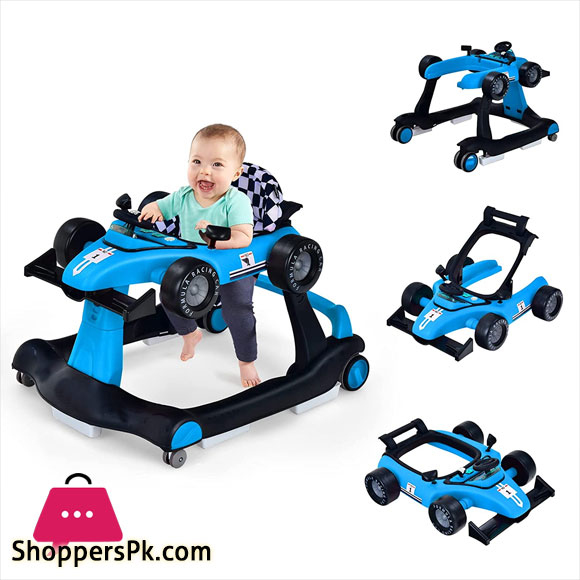 4-in-1 Baby Walker Foldable Activity Walker with Adjustable Height & Speed Music Lights Steering Wheel Comfy Seat Cushion Activity Baby Push Walker for Boys Girls Aged 6–18 Months