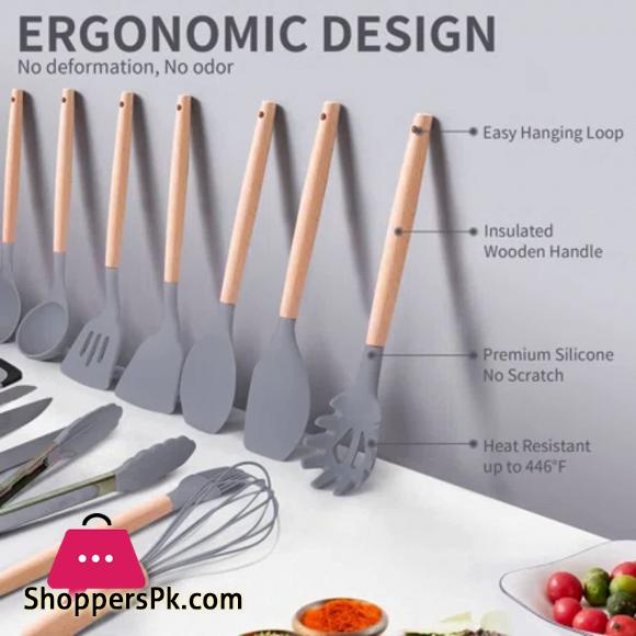 Kitchen Cooking Utensils & Knife Set with Block Holder & Cutting Board Premium Silicone Utensils Stainless Steel Coated Knives - 18 Piece