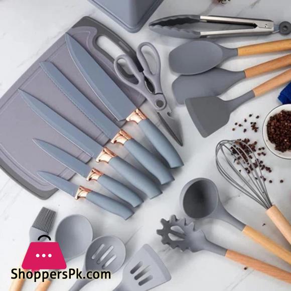 Kitchen Cooking Utensils & Knife Set with Block Holder & Cutting Board Premium Silicone Utensils Stainless Steel Coated Knives - 18 Piece