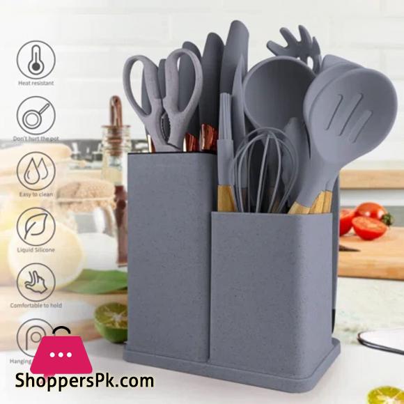 Kitchen Cooking Utensils & Knife Set with Block Holder & Cutting Board Premium Silicone Utensils Stainless Steel Coated Knives - 18 Piece