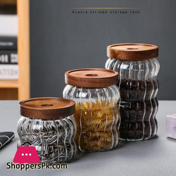Modern Retro Glass Airtight Jars with Vintage Bamboo Top 3-Pcs Set Capacity 400ml 600ml and 800ml