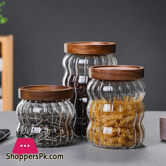 Modern Retro Glass Airtight Jars with Vintage Bamboo Top 3-Pcs Set Capacity 400ml 600ml and 800ml