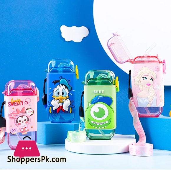 Disney Cartoon Square Water Bottle for Children Ttransparent Cup Straw Drop Resistant
