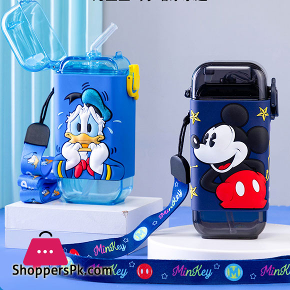Disney Cartoon Square Water Bottle for Children Ttransparent Cup Straw Drop Resistant