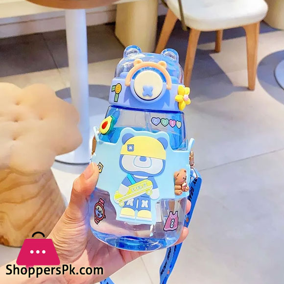 Happy Bear Water Bottle with Genuine Bear Straw with Strap 600ML