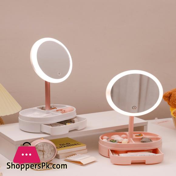 Desk LED Lighted Touch Screen Portable Mini Makeup Mirror Multi-function Storage Makeup Box Cosmetics Rack mirror