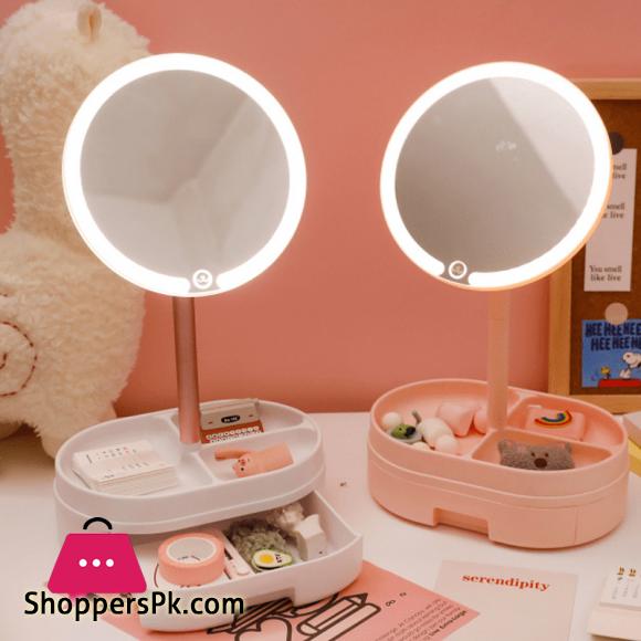 Desk LED Lighted Touch Screen Portable Mini Makeup Mirror Multi-function Storage Makeup Box Cosmetics Rack mirror