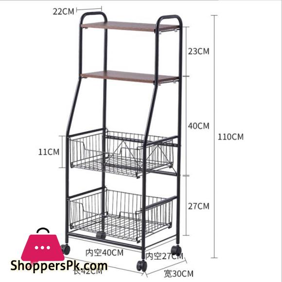 4 Tier Metal Kitchen Rack Rolling Utility Cart Trolley with Wooden Shelf for Microwave Oven Plate Organizer Fruit Vegetable Storage Basket