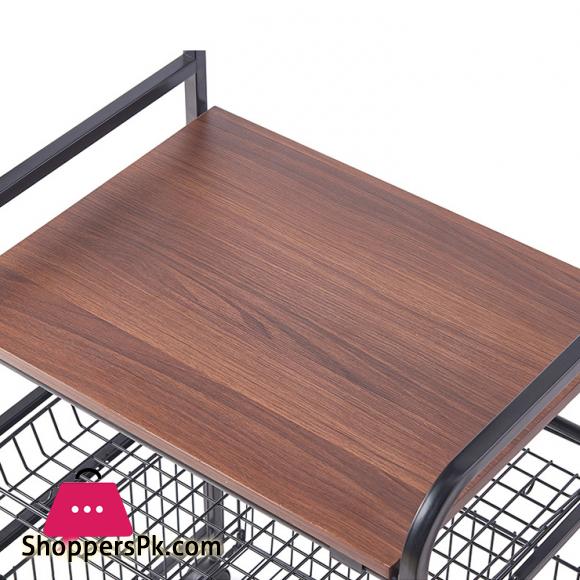 4 Tier Metal Kitchen Rack Rolling Utility Cart Trolley with Wooden Shelf for Microwave Oven Plate Organizer Fruit Vegetable Storage Basket