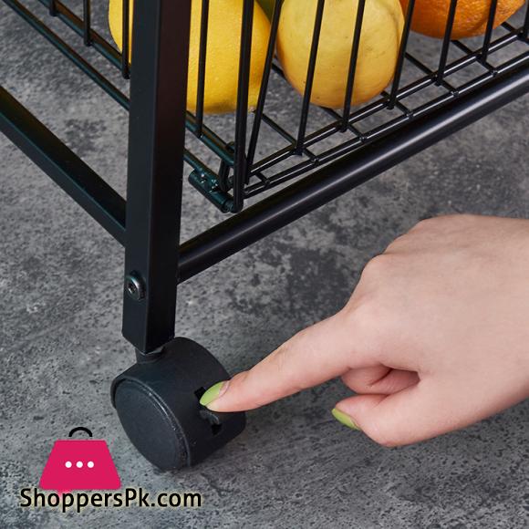 4 Tier Metal Kitchen Rack Rolling Utility Cart Trolley with Wooden Shelf for Microwave Oven Plate Organizer Fruit Vegetable Storage Basket