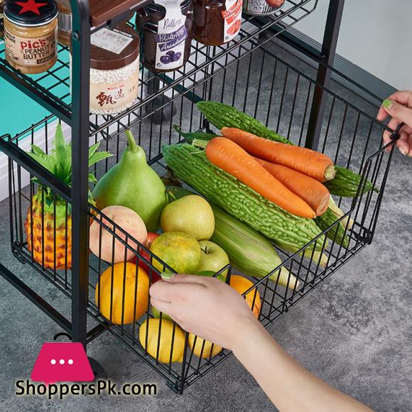 4 Tier Metal Kitchen Rack Rolling Utility Cart Trolley with Wooden Shelf for Microwave Oven Plate Organizer Fruit Vegetable Storage Basket