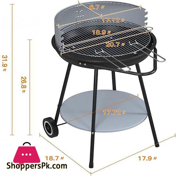 Portable Charcoal Grill 21 Inch Outdoor Grill With Storage Rack Wheels For Outdoor Cooking, Picnic