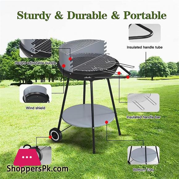 Portable Charcoal Grill 21 Inch Outdoor Grill With Storage Rack Wheels For Outdoor Cooking, Picnic