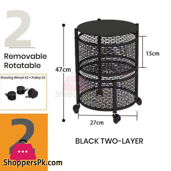 Kitchen Movable Rotating Shelf with Wheels Fruit Vegetable Seasoning Storage Rack Detachable Mesh Basket Home Kitchen - 2 Layer