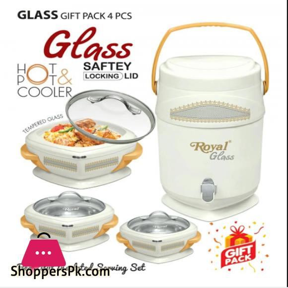 4 Pcs GIFT PACK Royal STYLO GLASS TOP 3 Hot Pot Set +1 piece Water Cooler 14 Litre in Gift Packing/ /BIRYANI ,ROTI BBQ HOT POT GIFT SET