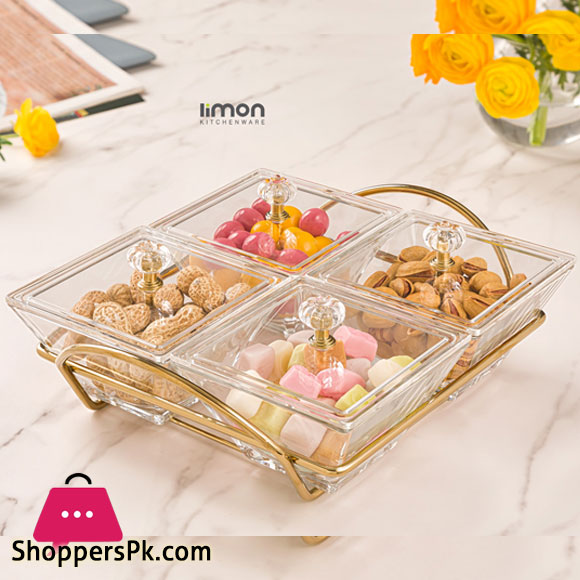 Limon Square Glass Dry Fruit Tray with Steel Stand with Acrylic Top
