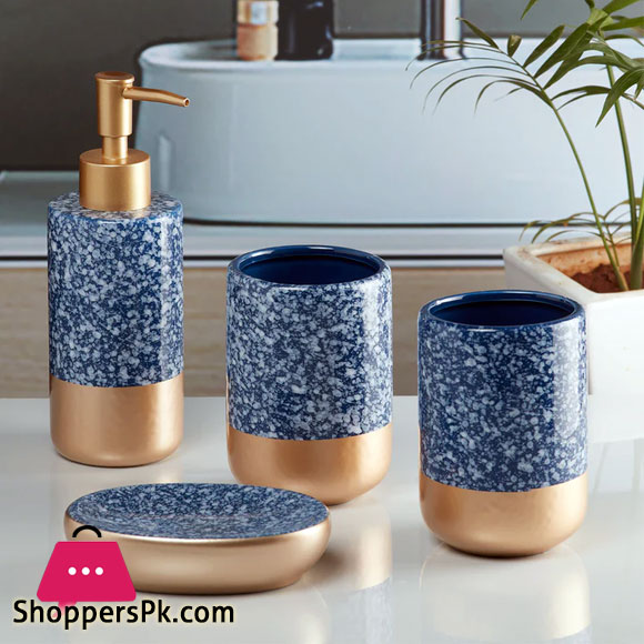 Ceramic Bathroom Accessories Blue Gold 4 Piece