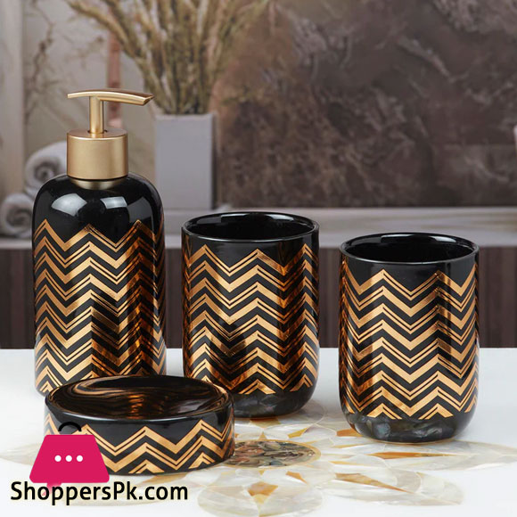 Ceramic Bathroom Accessories Set of 4 Black Gold Design