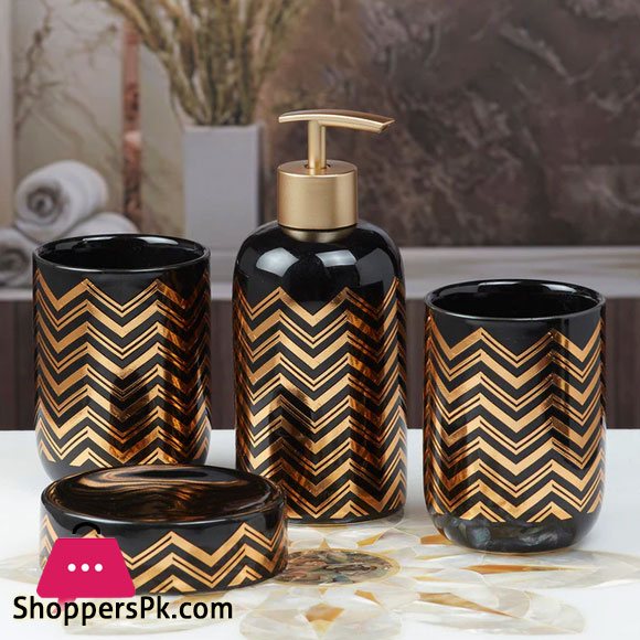 Ceramic Bathroom Accessories Set of 4 Black Gold Design