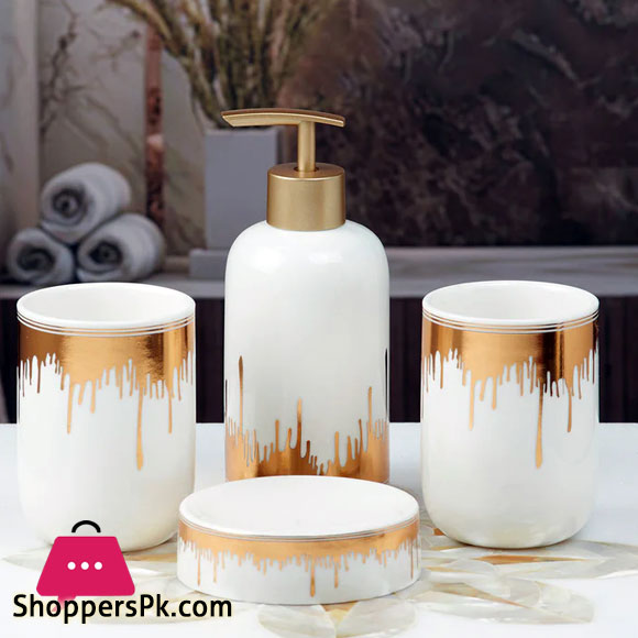 Ceramic Bathroom Accessories White Gold 4 Piece