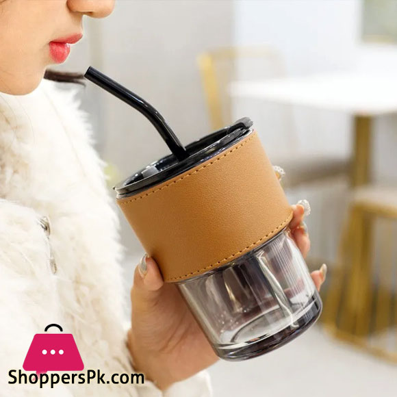 Creative New Straw Glass Mug with Glass Straw and Protective Leather Sleeve