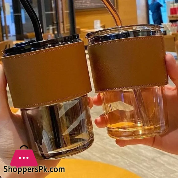 Creative New Straw Glass Mug with Glass Straw and Protective Leather Sleeve