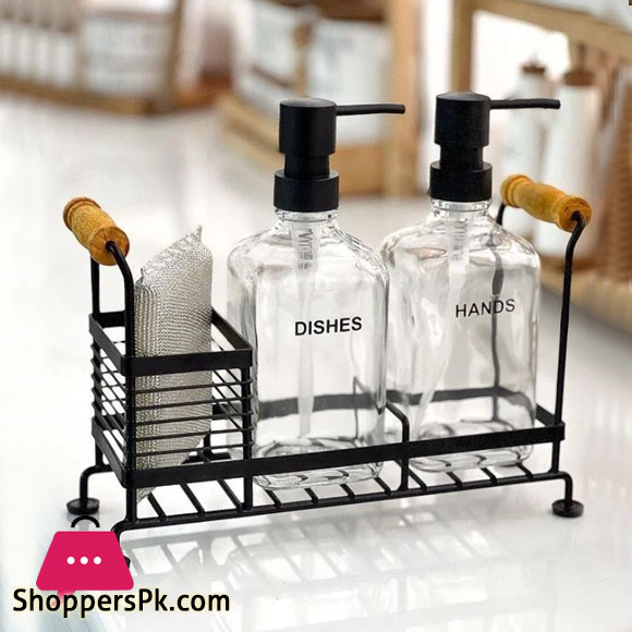 Limon Dishwashing Liquid Soup Dispenser Set Two Pieces of Glass with a Sponge Iran Made