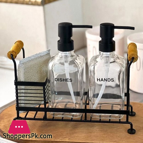 Limon Dishwashing Liquid Soup Dispenser Set Two Pieces of Glass with a Sponge Iran Made