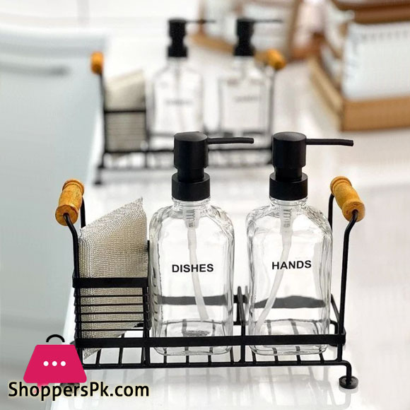 Limon Dishwashing Liquid Soup Dispenser Set Two Pieces of Glass with a Sponge Iran Made