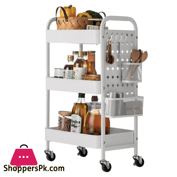 Binca Rolling Island 3 Tier Rolling Cart Metal Beverage Cart White with Wheels Multifunctional for Living Room and Bedroom-White & Black