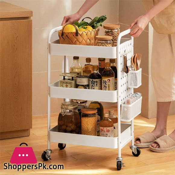 Binca Rolling Island 3 Tier Rolling Cart Metal Beverage Cart White with Wheels Multifunctional for Living Room and Bedroom-White & Black