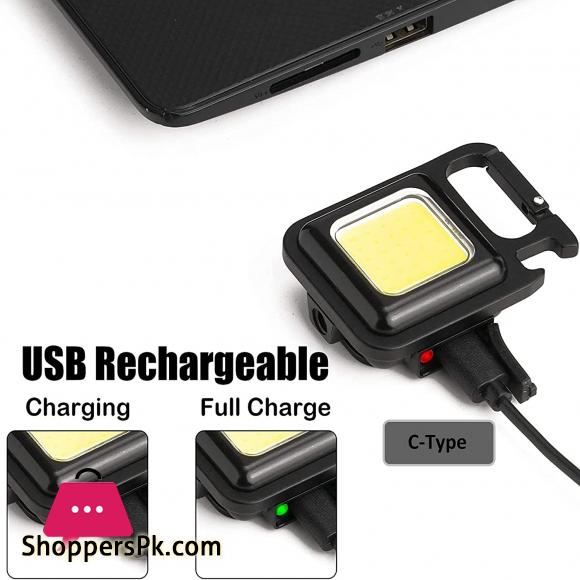 COB Rechargeable Keychain Mini Small Flashlight 3 Light Modes Portable Pocket Light with Folding Bracket Bottle Opener and Magnet Base for Fishing, Walking and Camping
