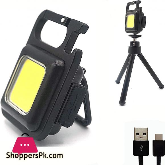 COB Rechargeable Keychain Mini Small Flashlight 3 Light Modes Portable Pocket Light with Folding Bracket Bottle Opener and Magnet Base for Fishing, Walking and Camping