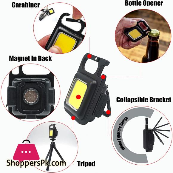 COB Rechargeable Keychain Mini Small Flashlight 3 Light Modes Portable Pocket Light with Folding Bracket Bottle Opener and Magnet Base for Fishing, Walking and Camping